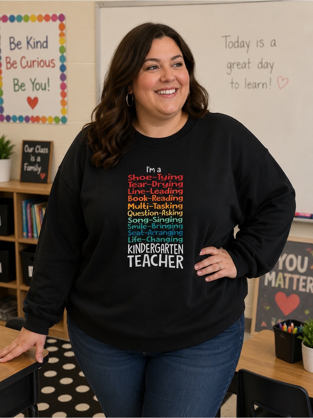 Black Crewneck Sweatshirt - Kindergarten Teacher Graphic